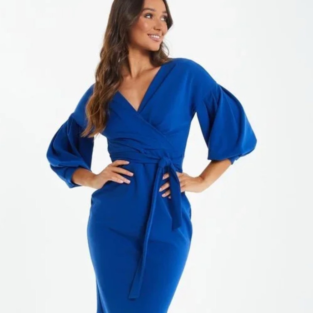 QUIZ Scuba Crepe 3/4 Sleeve Tie-Waist Wrap Midi Dress Blue NWT